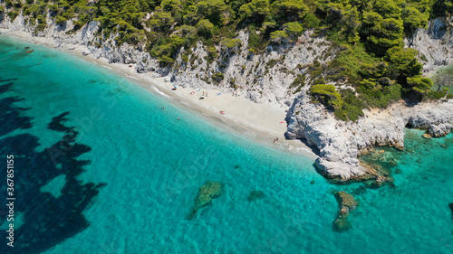 Aerial drone panoramic photo of famous turquoise paradise beach of Hovolo covered with pine trees, Skopelos island, Sporades, Greece photo