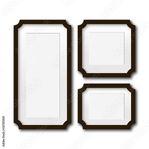 Set realistic rectangle black frame isolated on grey wall. Vintage photo frame.