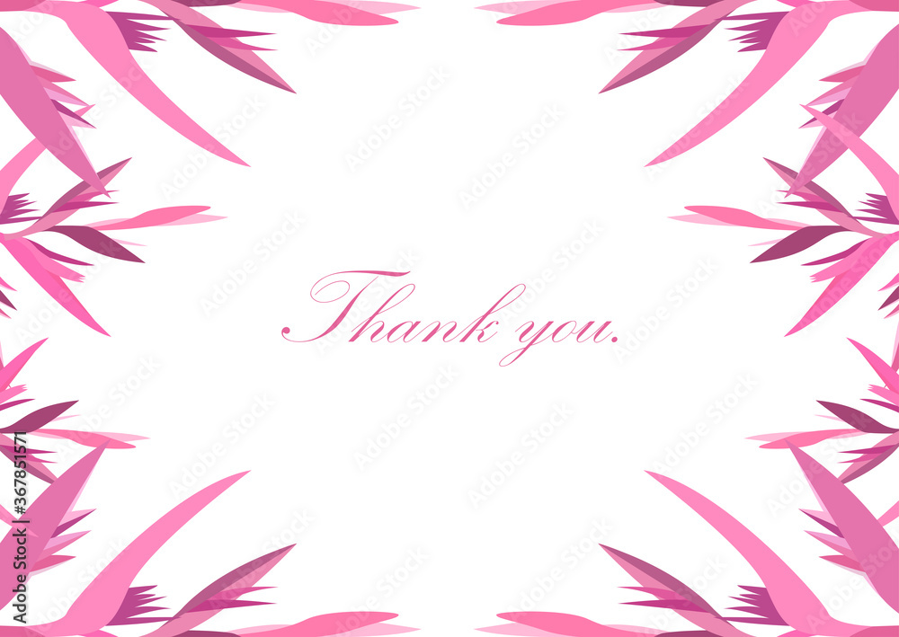 Thank you card with pink floral elements on white background. Flower cover template. Greeting card design. Botanical frame.