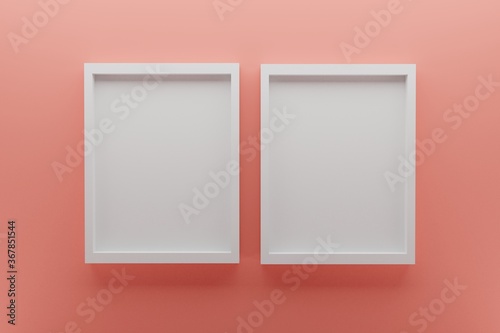 front view of two empty white picture frames on wall, background living coral, minimal design concept, 3D render