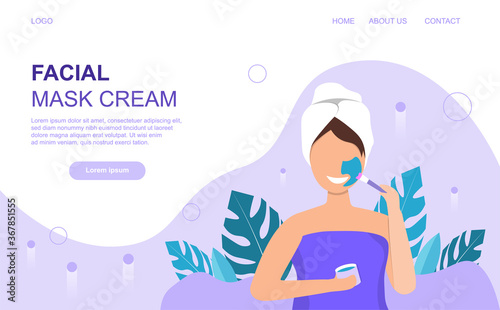 Young woman with clay facial mask applies it on her face. Concept of a woman facial treatments. Website template. Flat vector illustration