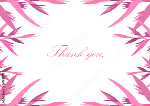 Thank you card with pink floral elements on white background. Flower cover template. Greeting card design. Botanical frame.