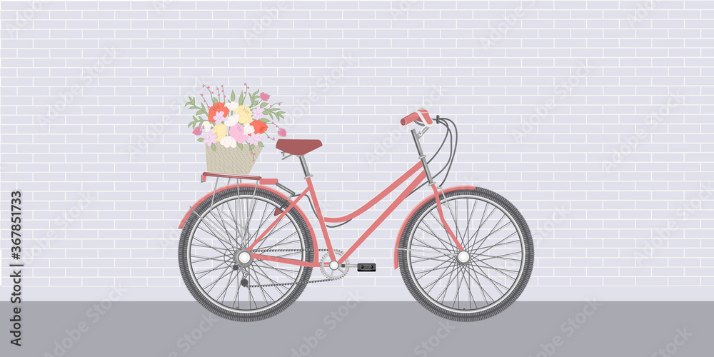 Bicycle, basket with flowers stands on a city street - brick wall - vector. A day without a car.