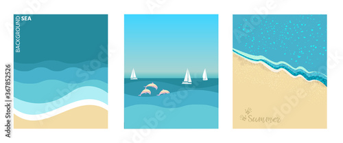 A set of posters with a seascape background. Nature, sea waves, beach, sand, footprints on the sand, the surface of the sea. 