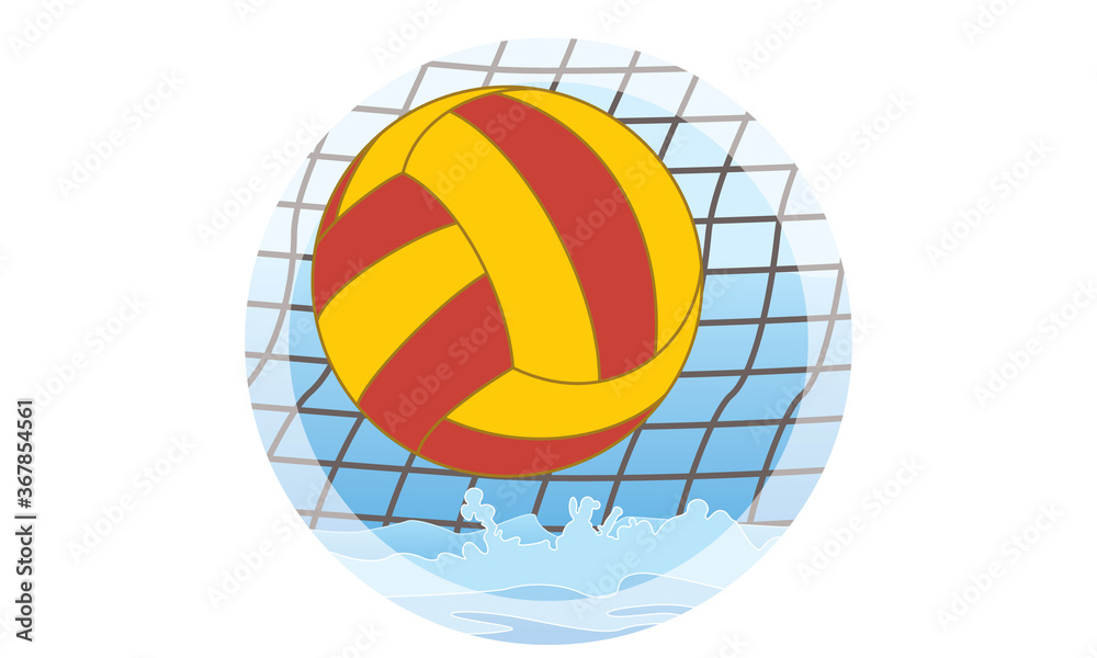 water polo ball, yellow and red with net and water in sphere isolated on a white background