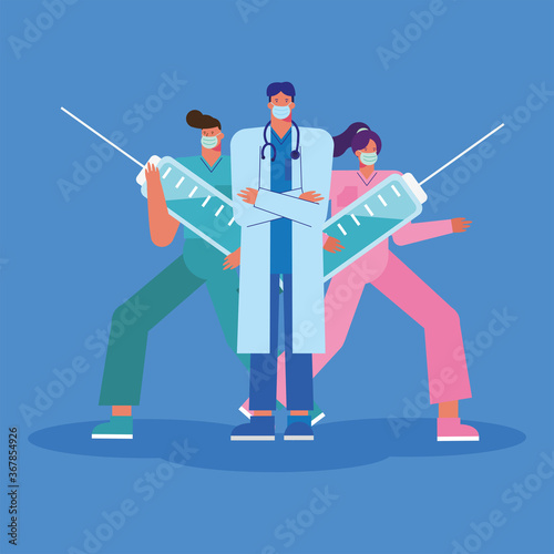professional doctors staff wearing medical masks with injections