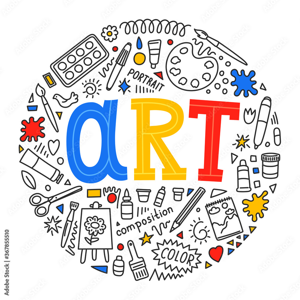 Art. School subject. Hand drawn doodles and lettering on white