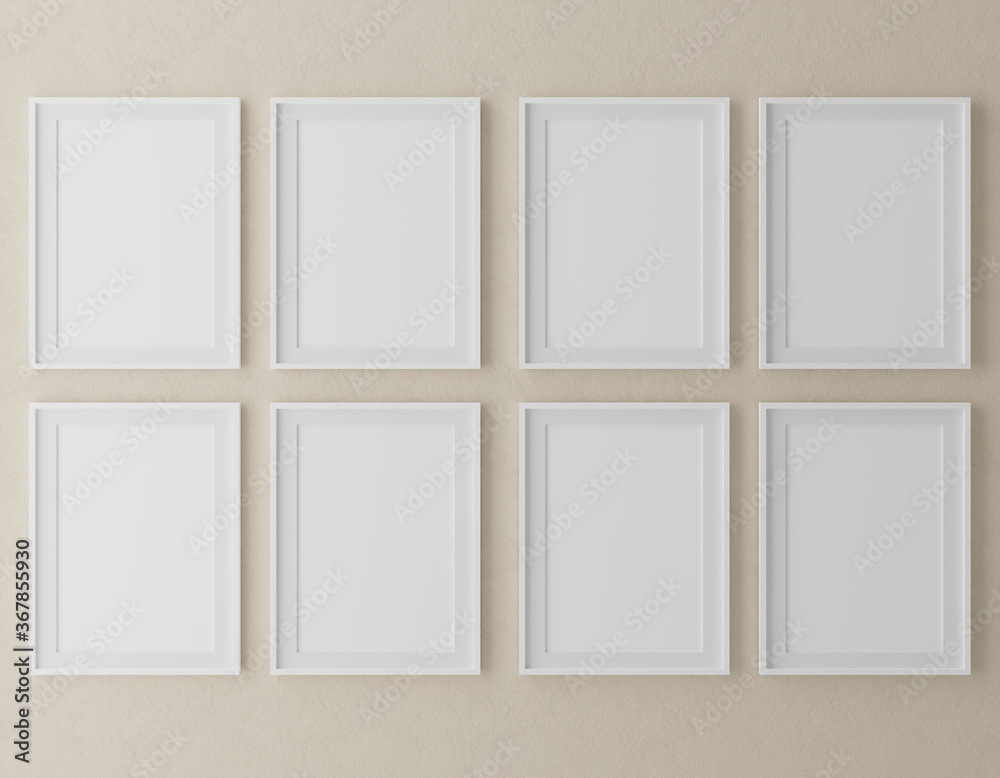 Fototapeta premium Osiem Pionowe drewniane ramki makiety na tle beżowej ściany z roślinami, ilustracja 3d