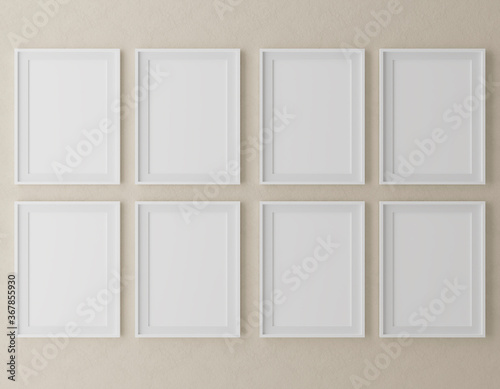 Fototapeta Naklejka Na Ścianę i Meble -  Eight Vertical wooden frame mock up on beige wall background with plants, 3d illustration