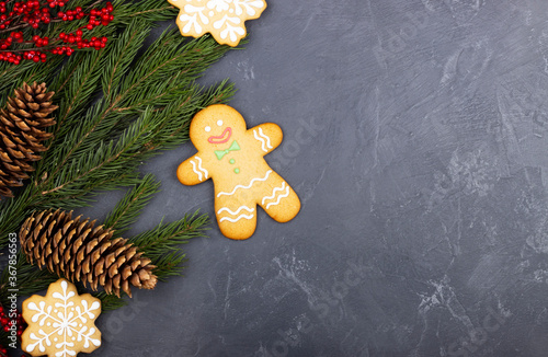 gingerbread man and a branch of a green Christmas tree on a black background