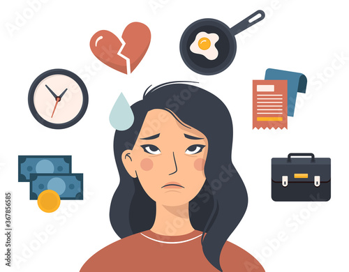 Flat vector illustration of a sad Asian woman who is tired and annoyed. Factors of irritation around. Heartbreak, work, housekeeping and lack of time. Stress and badmood