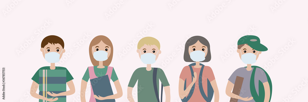 A group of five children wearing medical masks. For protection against viral diseases, environmental and air pollution.  Illustration of flat vectors. Notion of social distance and health preservation