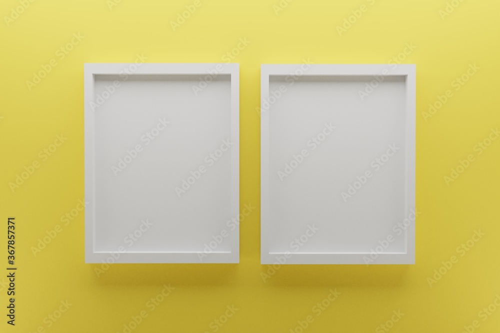 front view of two empty frames on yellow wall, minimal design concept, 3D render image front view of two empty frames on yellow wall, minimal design concept, 3D render image