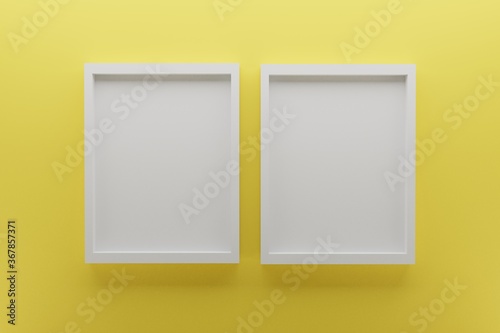 front view of two empty frames on yellow wall, minimal design concept, 3D render image