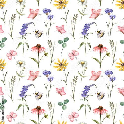 Colorful wildflower seamless pattern. Watercolor cute summer meadow plants, b...
