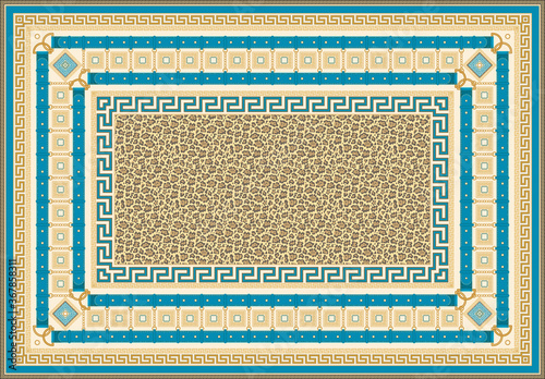 Carpet print from Fashionable leopard skin pattern, Golden chains, meander borders, Baroque cables, ropes, blue belts and straps pattern on a beige background.15 pattern brushes in the brush palette