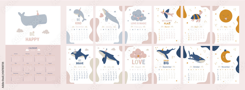 Kids calendar for 2020 year. Printable planner of 12 months with cute whales illustrations. Baby cartoon vector calendar. Doodle calendar set with dolphin, clouds, sea animal, ocean, pink, stars.