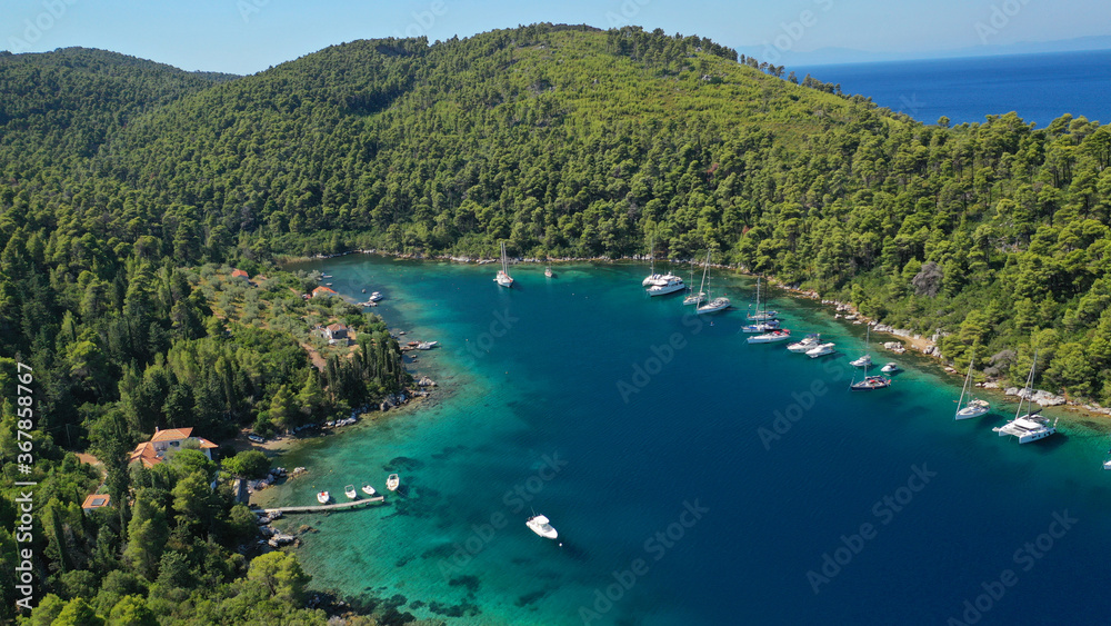 Aerial drone photo of safe small fjord harbour of Mplo near bay of Panormos a popular yacht and sail boat anchorage with calm sea covered with pine trees, Skopelos island, Sporades, Greece