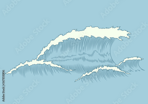Waves engraving. Marine and nautical or ocean waves background for banner or poster. Hand drawn sketch of sea splash. Retro background