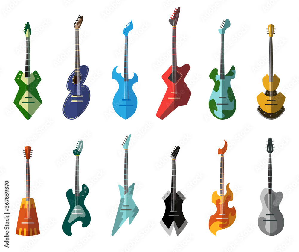 Fototapeta premium Guitar collection. Different shape acoustic and electric guitars. Isolated stylish art. Colored icons on white background. Set of different color rock guitar