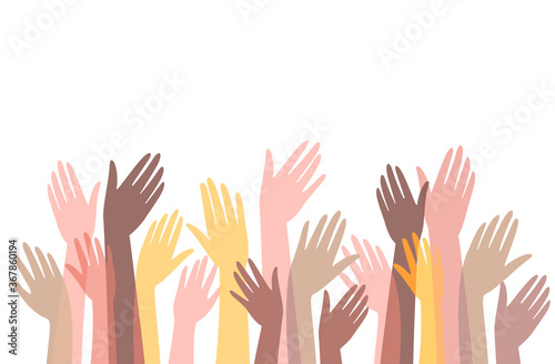 Many hands of different people in unity raise hands up. Celebration, meeting, commonwealth. Vector stock flat illustration.