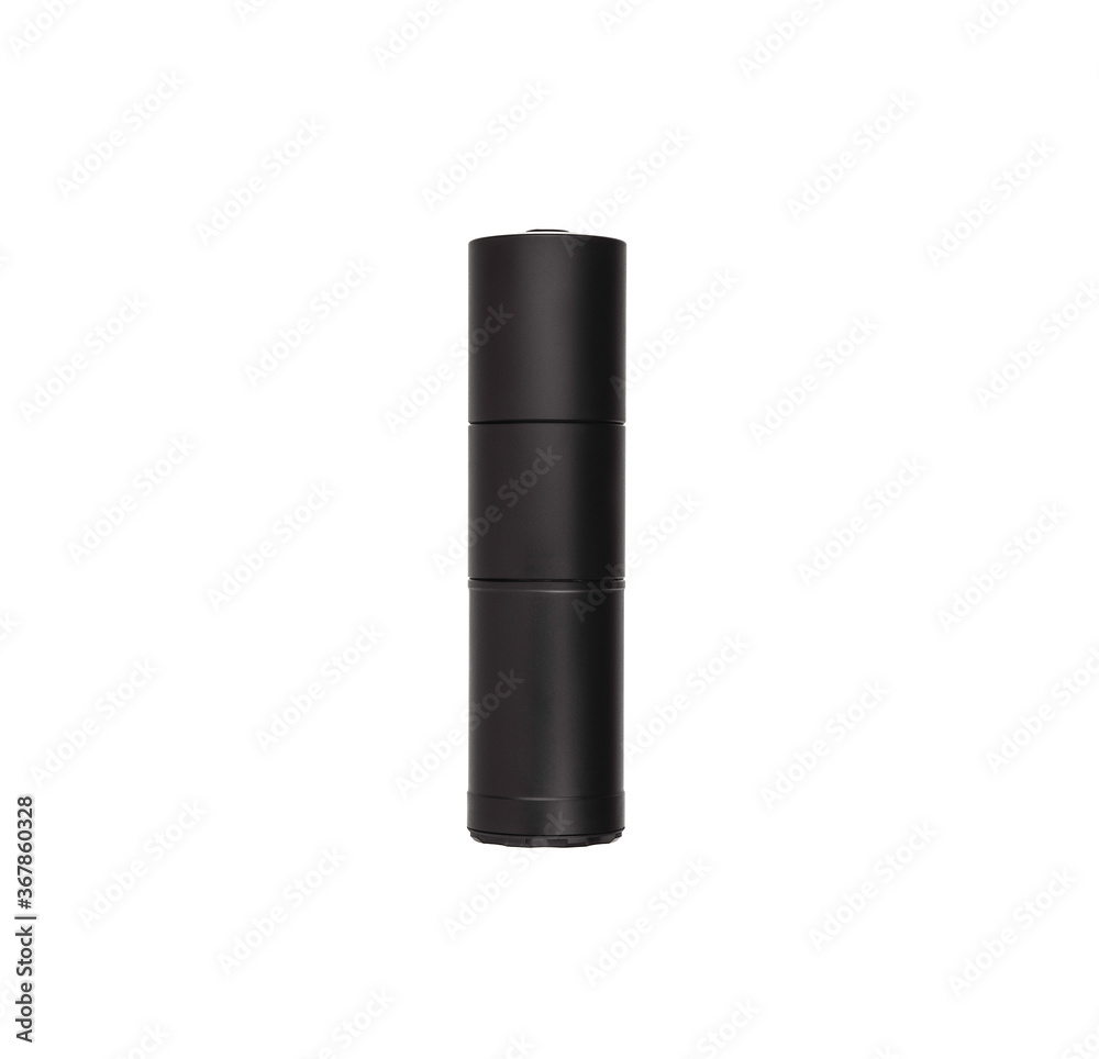 Black silencer for weapons. Suppressor that is at the end of an assault rifle. Black silencer for weapons. Suppressor that is at the end of an assault rifle.