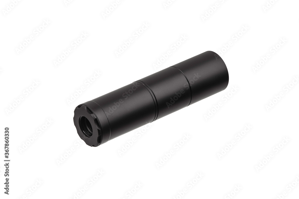 Black silencer for weapons. Suppressor that is at the end of an assault rifle. Black silencer for weapons. Suppressor that is at the end of an assault rifle.