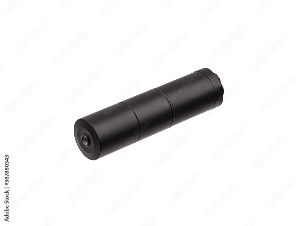 Black silencer for weapons. Suppressor that is at the end of an assault rifle. Black silencer for weapons. Suppressor that is at the end of an assault rifle.