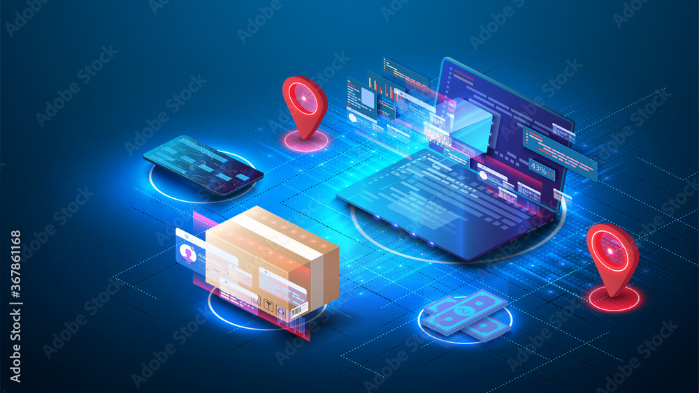 The concept of online ordering and delivery of goods from laptop. Fast response delivery package shipping on laptop. Online order tracking. E-commerce concept. Delivery service. Vector illustration The concept of online ordering and delivery of goods from laptop. Fast response delivery package shipping on laptop. Online order tracking. E-commerce concept. Delivery service. Vector illustration