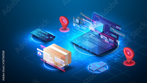The concept of online ordering and delivery of goods from laptop. Fast response delivery package shipping on laptop. Online order tracking. E-commerce concept. Delivery service. Vector illustration