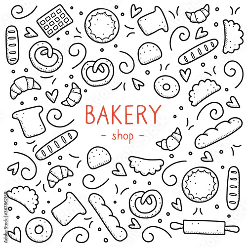 Hand drawn set of bakery and baking elements, bread, pastry, croissant, cake, donut. Doodle sketch style. Bakery element drawn by digital pen. Vector illustration for menu, frame, recipe design.