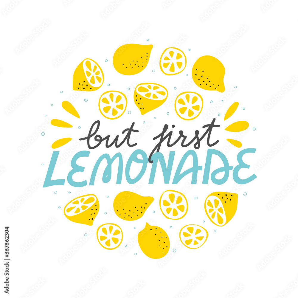 Lemonade sign. Fresh lemon summer lettering with bubbles, lemons, halves and slices. Refreshing round logo for beverage stand. Cold sparkling drink flat hand drawn print.