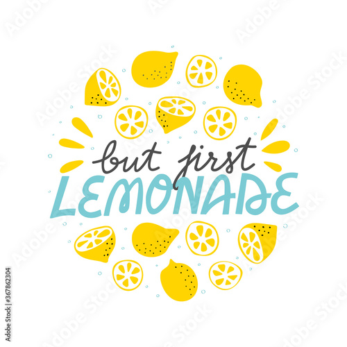 Lemonade sign. Fresh lemon summer lettering with bubbles, lemons, halves and slices. Refreshing round logo for beverage stand. Cold sparkling drink flat hand drawn print.