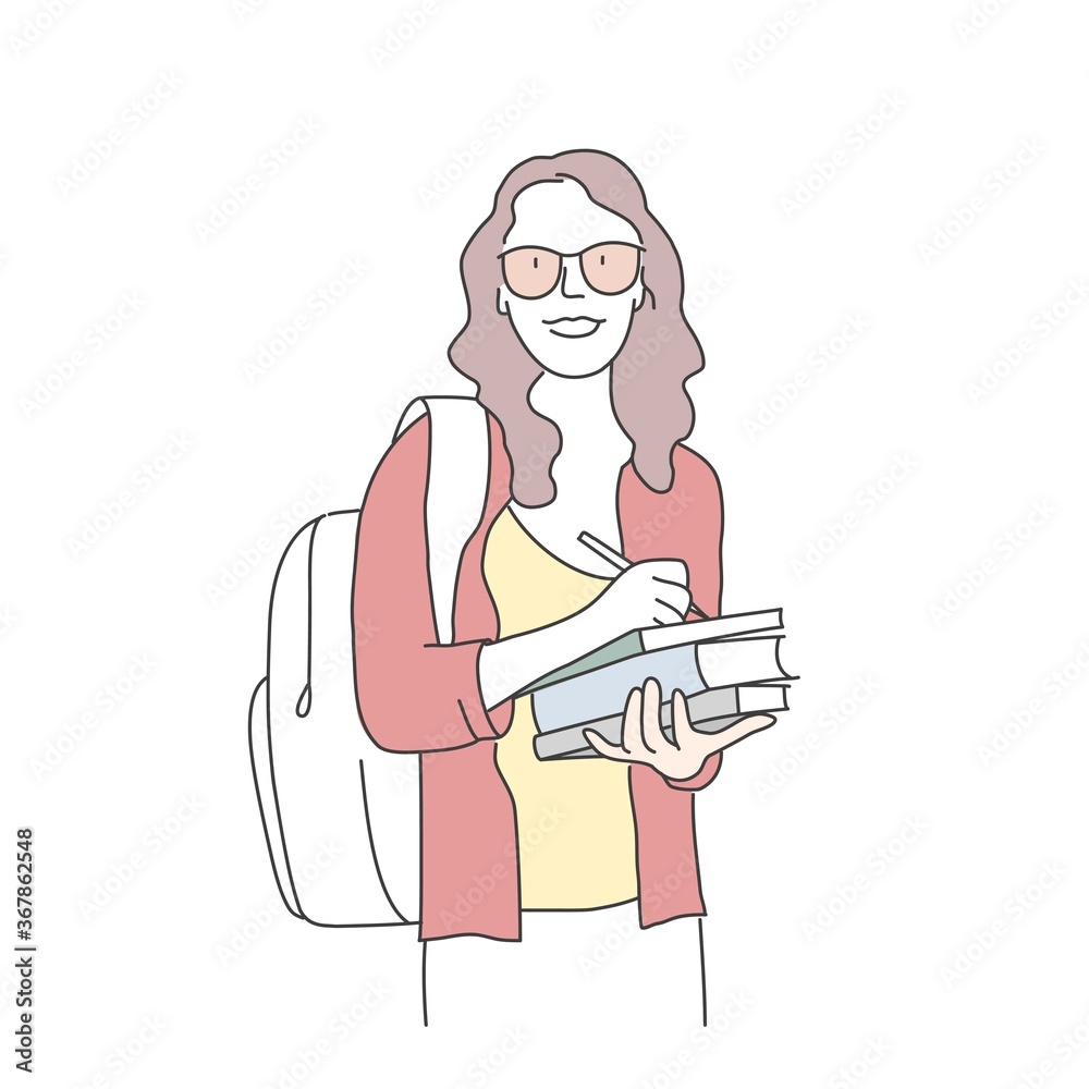 Portrait of a smiling female student in glasses with books and backpack. Hand drawn vector illustration. Portrait of a smiling female student in glasses with books and backpack. Hand drawn vector illustration.