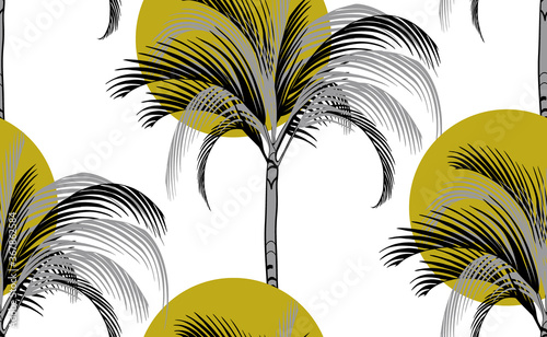 sun and palm tropical pattern on white background with silhouettes of gray palms vertically for unisex surface design