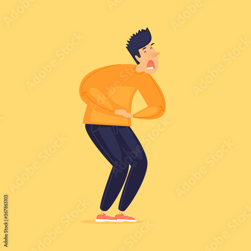 Man has a stomach ache. Diarrhea, virus. Flat design vector illustration.