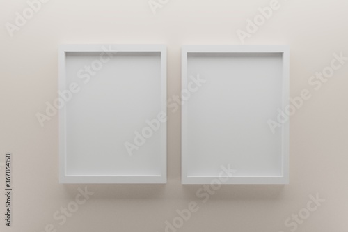 front view of two empty white picture frames on wall, background pink tint color, minimal design concept, 3D render  © tl6781