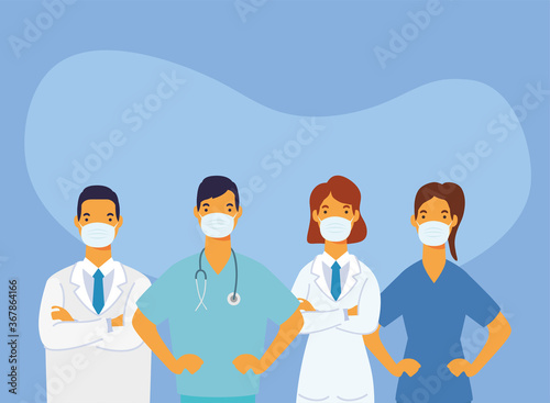 young doctors staff wearing medical masks characters