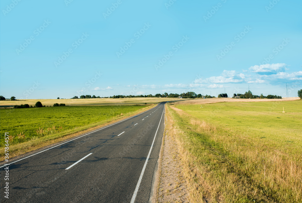 asphalt road to horizon.Summer green fields. blue cloudless sky