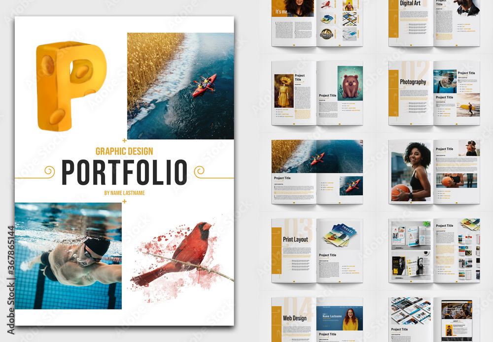 Graphic Design Portfolio Layout with Orange Accents Stock Template