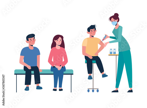 Turn of children for vaccination. Vaccination of children against various diseases, including the coronavirus COVID19. A nurse administers a vaccine to a boy. Injections. Vector, cartoon.