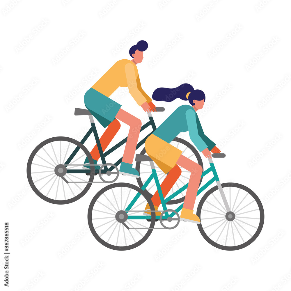 young couple bikes ride sport characters young couple bikes ride sport characters