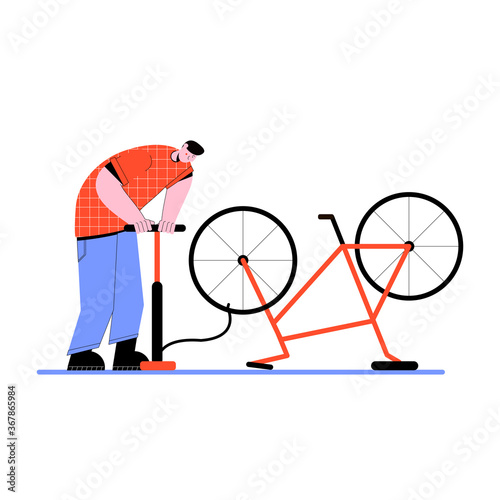 Man drawn in a flat vector style swings the wheel of a Bicycle shed with a pump.Isolated on white background. Broken wheel needs repair. Flat design vector bike repair concept illustration.
