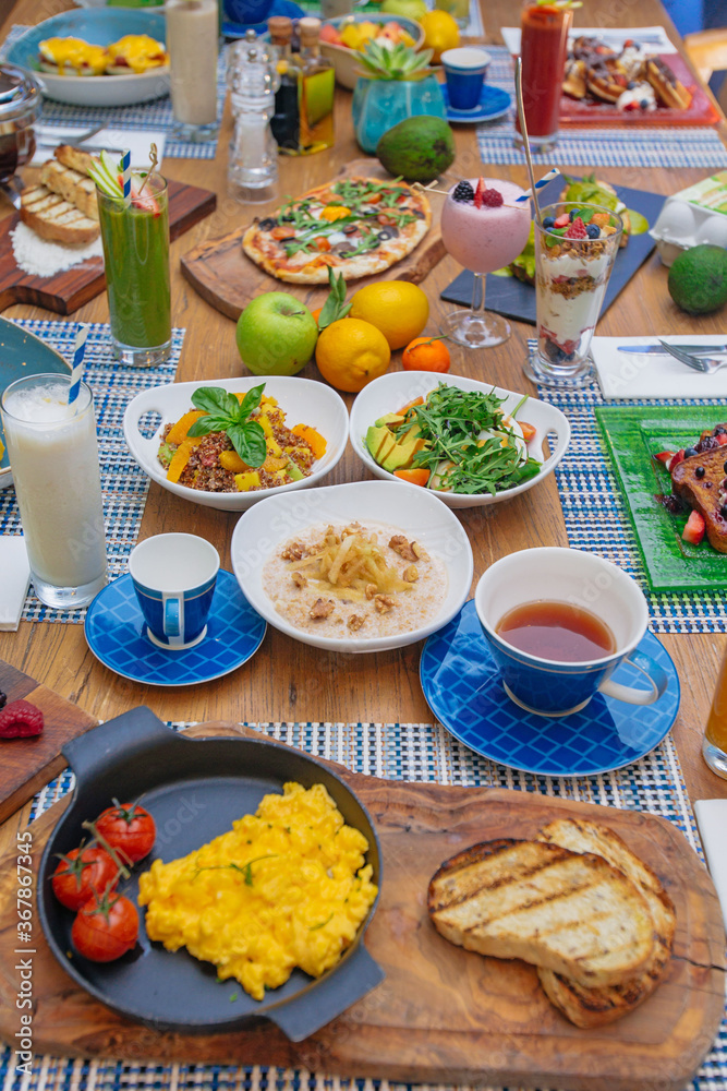 Healthy diet breakfast table in a restaurant 