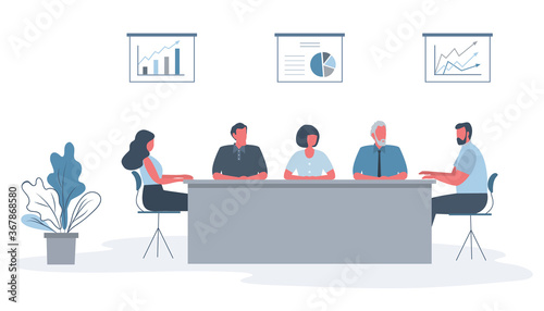 Office workers during the meeting. Employees are sitting at the table in the office. There is also a flower, and diagrams on the wall in the image. Conference hall. Funky flat style. Vector