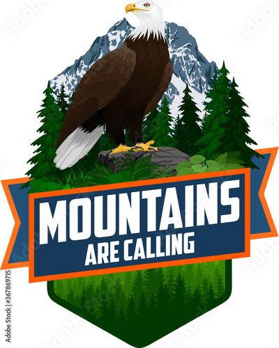 The Mountains Are Calling. vector Outdoor Adventure Inspiring Motivation Emblem logo illustration with Bald eagle