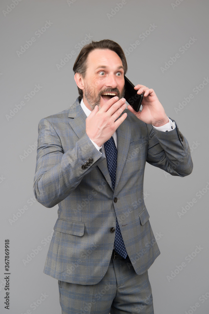 Business conversation man mobile phone, unbelievable information concept Business conversation man mobile phone, unbelievable information concept