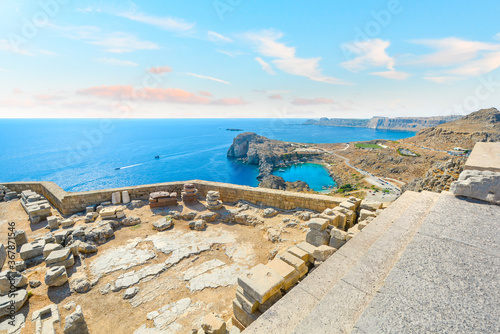Beautiful view from the ancient Greek Lindos Acropolis on the Mediterranean island of Rhodes Greece looking at the Aegean Sea