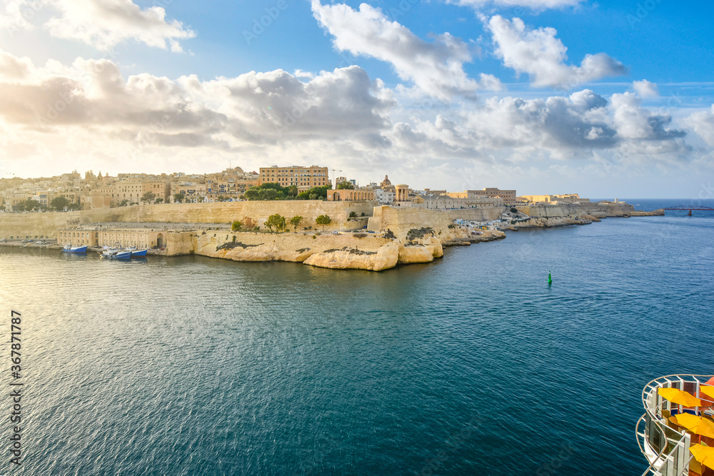 View of the skyline of the ancient walled city of Valletta Malta from a cruise ship in the Grand Harbor of the Mediterranean Island.