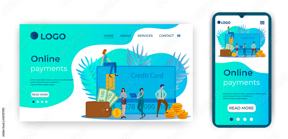 Online payments.People with credit cards on the background of a computer with a terminal and cash.The concept of fast money transfers.Template for landing pages and adaptations for smartphones.